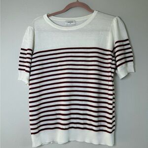 Striped Short-Sleeve Knit Top in White and Burgundy -